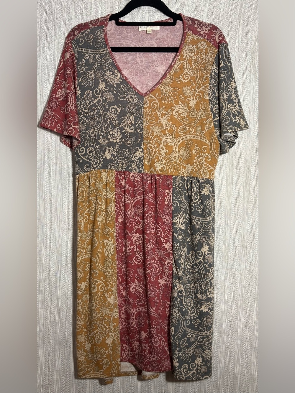Patchwork Paisley V-Neck Midi Dress in Mustard, Burgundy & Gray